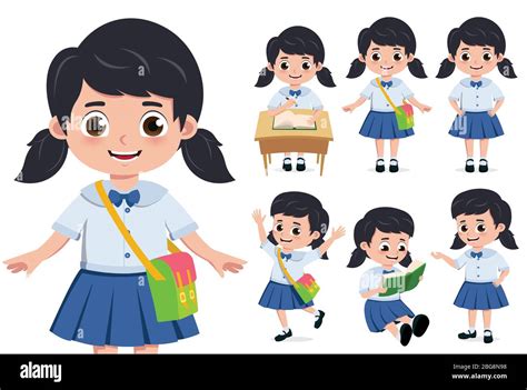 School girl student character vector set. Student girl for back to school elementary characters ...