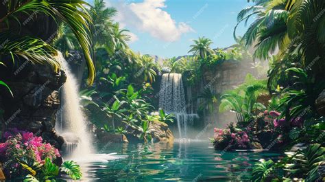 Premium Photo | Tropical Paradise Waterfall Painting in Exotic Setting