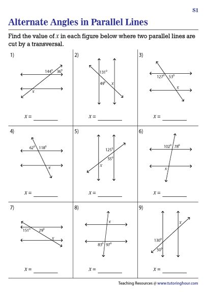 Alternate Angles in Parallel Lines Worksheets
