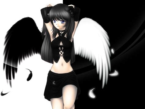 Wallpaper : illustration, anime, wings, angel, cartoon, black hair, girl, black and white ...