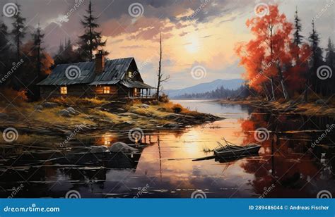 Natural Landscape, House on the River Bank. Stock Photo - Image of ...