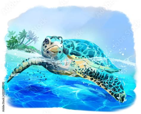 Sea turtle floats watercolor drawing Stock Illustration | Adobe Stock