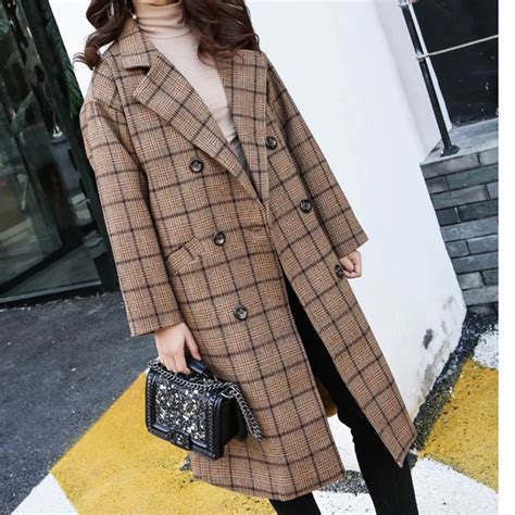 2017 winter coat women casual plaid coat long sleeve womens clothing basic coats lapel long coat ...