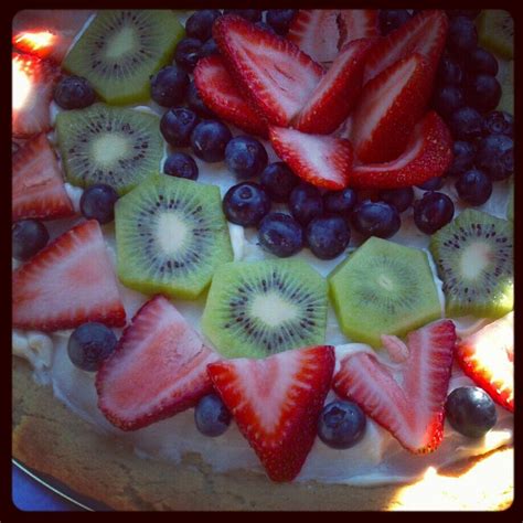 fruit pizza: pizza pan + pillsbury sugar cookie roll + 8 oz. package of cream cheese + 1/2 cup ...