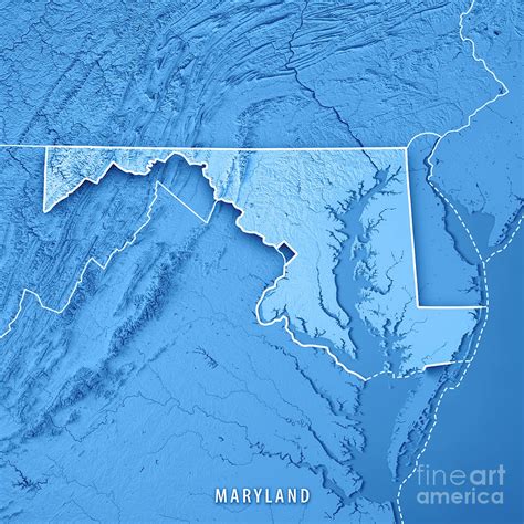 Maryland State USA 3D Render Topographic Map Blue Digital Art by Frank ...