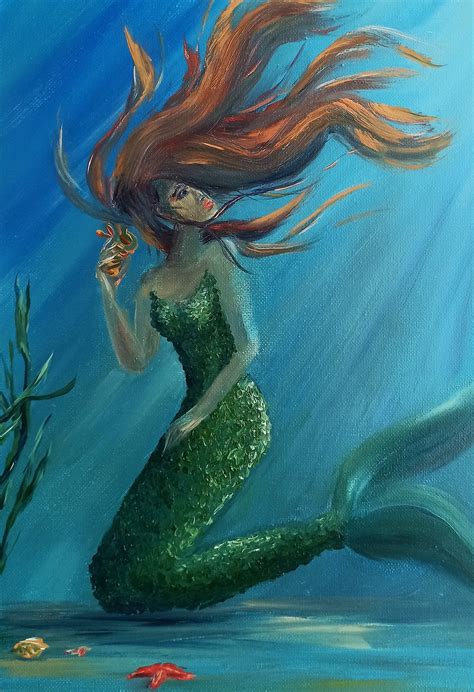 Mermaid Oil Painting Nautical Artwork Underwater Mermaid Fine | Etsy