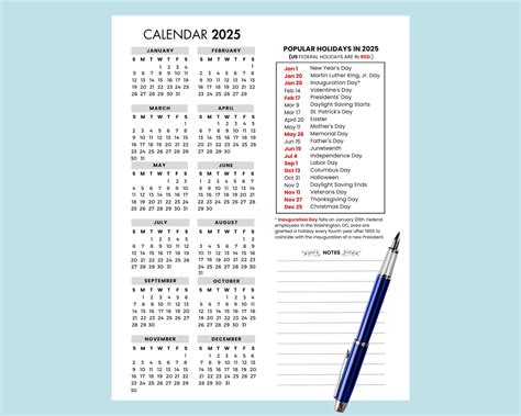 2025 Yearly Calendar With Holidays 2025 Yearly Overview Printable 2025 ...