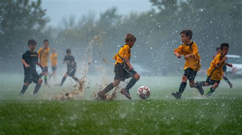 youth soccer game in rain, kids playing football wet weather, soccer splash action photo, young ...