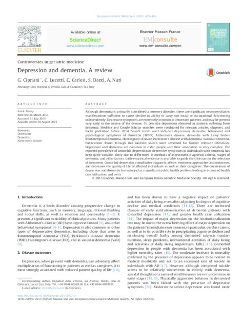 (PDF) Controversies in geriatric medicine Depression and dementia. A review | Gabriele Cipriani ...