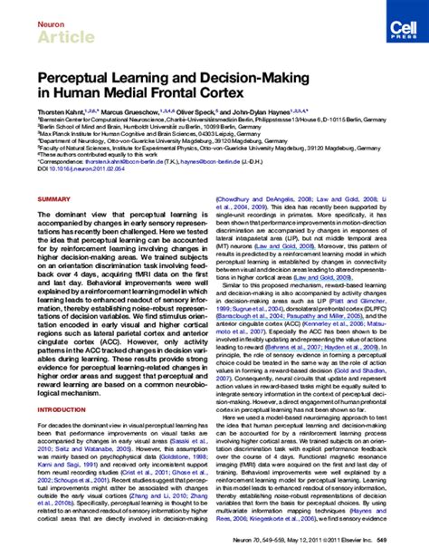 (PDF) Perceptual learning and decision making in human medial frontal ...