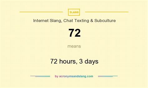 72 - 72 hours, 3 days in Internet Slang, Chat Texting & Subculture by AcronymsAndSlang.com