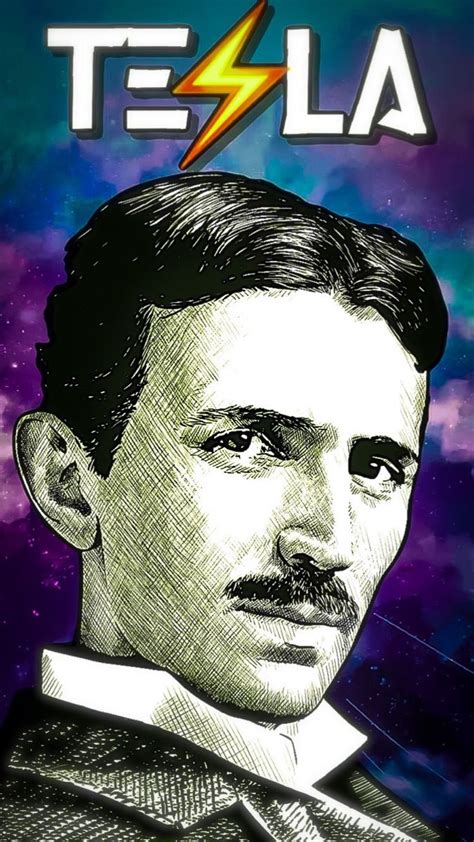 a man with a mustache in front of a purple and blue background that says tesla