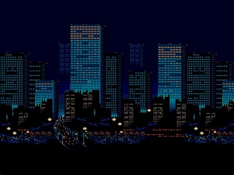 Minimalism digital art pixels pixel art cityscape skyscraper building night lights 3d road blue ...