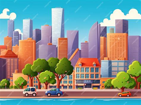 Premium Photo | 3D Animation Style Free vector City scene with landscape car and building background