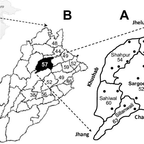 Map of Sargodha district (A) superimposed on a map of Punjab (B) and... | Download Scientific ...