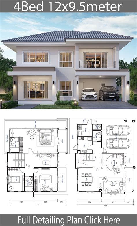 House design plan 12x9.5m with 4 bedrooms - House Idea | Ev zemin planları, Amerikan evleri ...