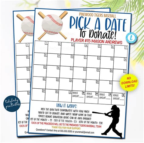 Baseball Pick a Date to Donate Printable Fundraiser Flyer — TidyLady Printables