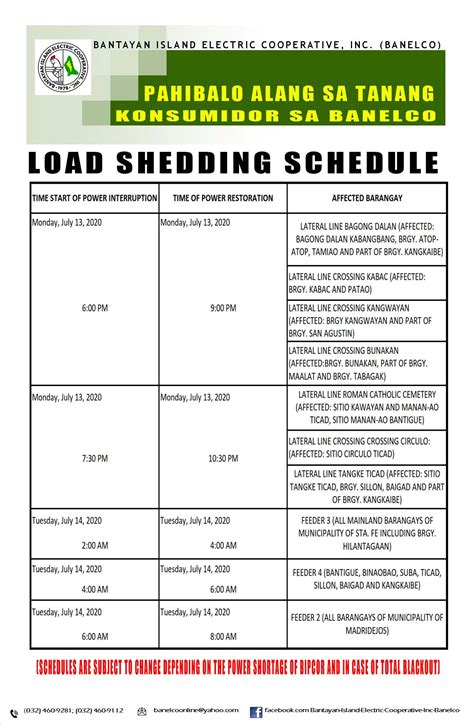 Load Shedding Schedules – Bantayan Electric Cooperative, Inc