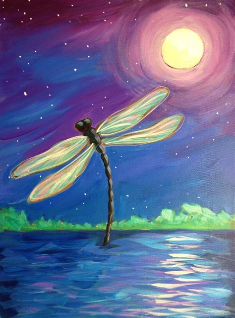 Dragonfly painting with moon and pretty reflections on the water. Beginner painting idea ...