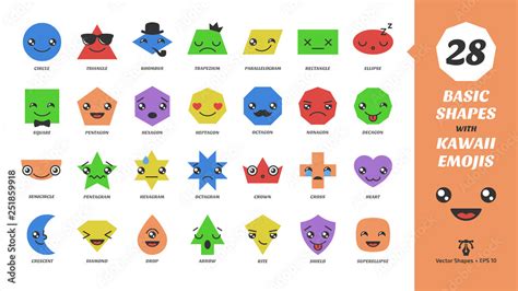 Big set vector basic shapes with kawaii emojis face. Cartoon emotion character on a geometry ...