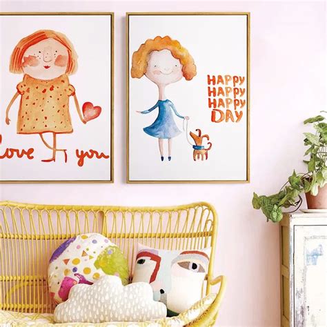 NEW kawaii Cute Girl Wall Art Canvas Print, Cartoon watercolor Wall Painting Prints Kids Room ...