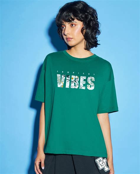 Buy Women's Green Tropical Vibes Typography Oversized T-shirt Online at ...