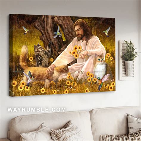 Jesus cute cats sunflowers hummingbird under the tree - FridayStuff