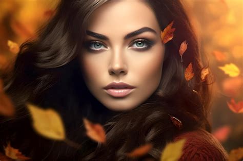 Premium AI Image | Attractive brunette girl with falling autumn leaves on blurred nature background