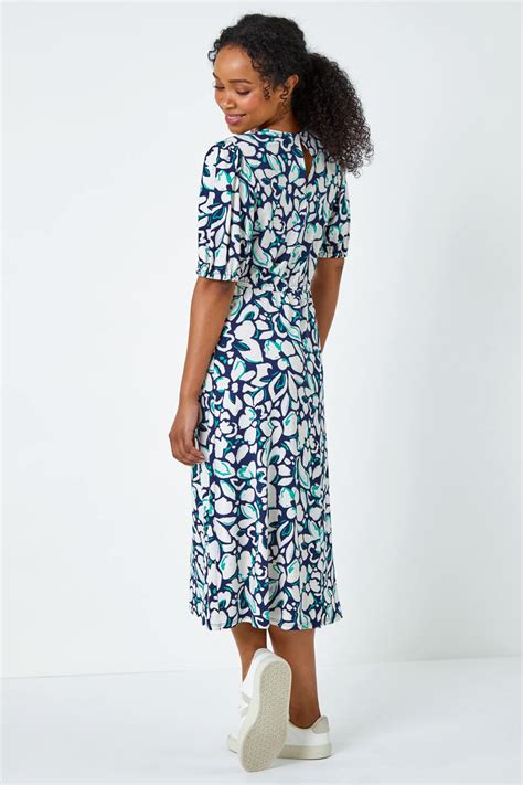 Navy Petite Floral Stretch Midi Dress | Petite UK