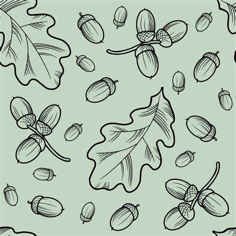 Oak leaves and acorns on a light green background, vector illustration, seamless pattern ...