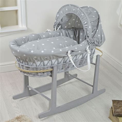 4Baby Padded Grey Wicker Baby Moses Basket & Rocking Stand - Grey / White Stars | Buy at ...