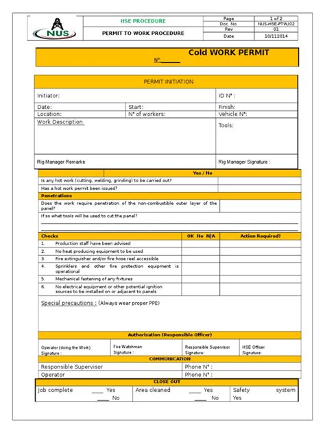 Cold Work Permit Hse-ptw | Personal Protective Equipment | Safety