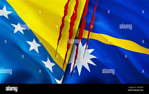 Bosnia and Nauru flags with scar concept. Waving flag,3D rendering. Nauru and Bosnia and ...