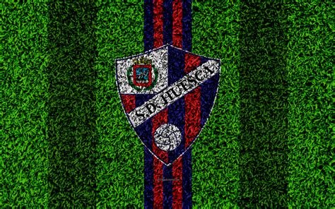 Download wallpapers SD Huesca, logo, 4k, football lawn, Spanish football club, LaLiga2, red blue ...