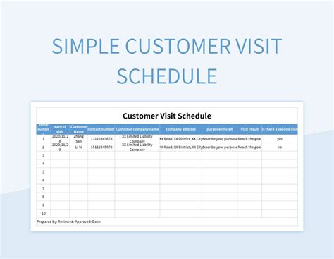 Simple Customer Visit Schedule Excel Template And Google Sheets File For Free Download - Slidesdocs