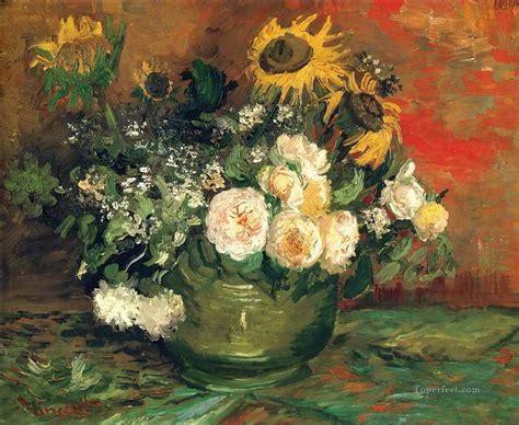Still Life with Roses and Sunflowers Vincent van Gogh Impressionism Flowers Painting in Oil for Sale