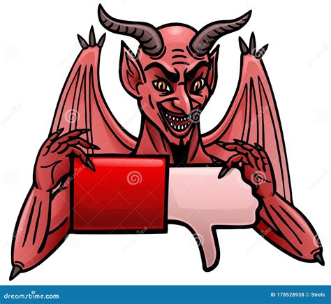 A Cartoon Demon Holds Out a Dislike Icon. Stock Vector - Illustration ...