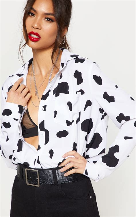 Monochrome Cow Print Oversized Shirt | Tops | PrettyLittleThing