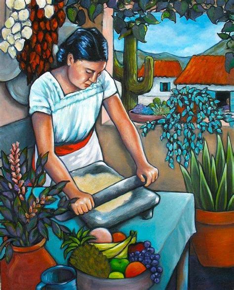 a painting of a woman making bread on a table with flowers and potted ...