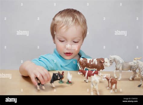 Boy playing with toy farm animals Stock Photo - Alamy