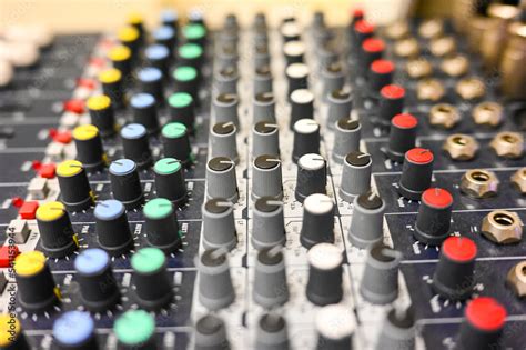 Sound Mixer in radio station. Close up of professional multitrack mixing console in production ...