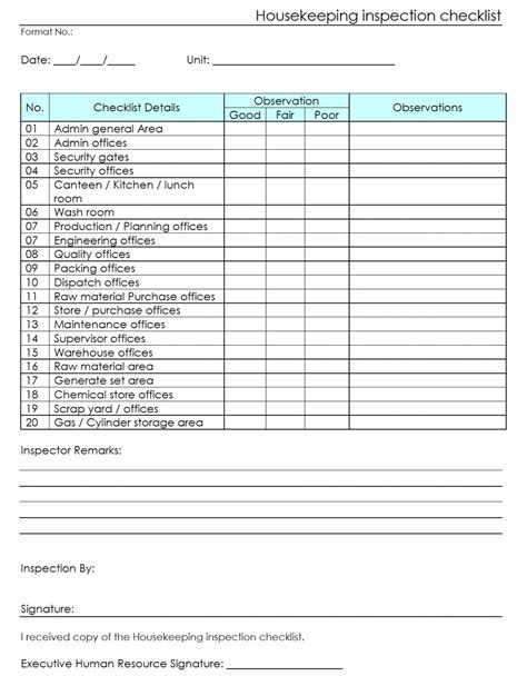 Printable Workplace Housekeeping Inspection Checklist For Factory Housekeeper Checklist Template ...