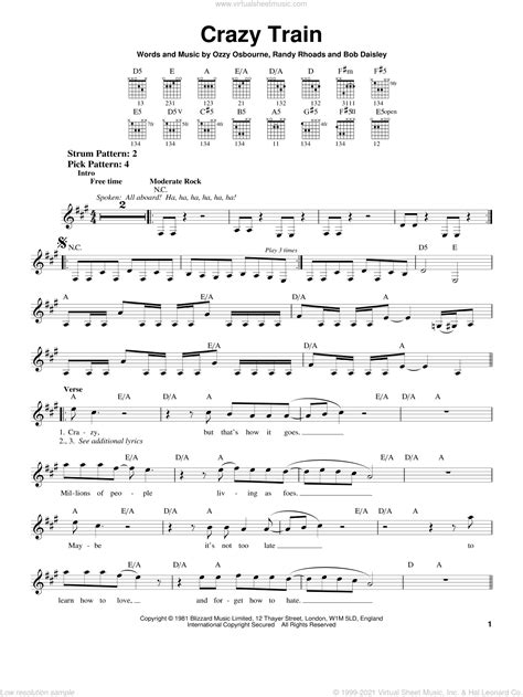 Osbourne - Crazy Train sheet music for guitar solo (chords) [PDF]