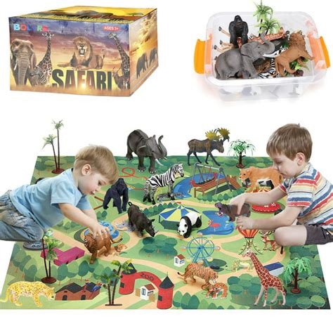 BOLZRA Safari Animals Figurines Toys with Activity Play Mat & Trees, Realistic Plastic Jungle ...