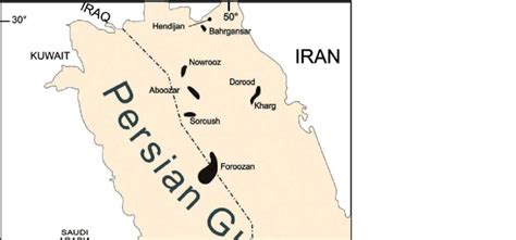 Location map of oil fields in the Persian Gulf. The Foroozan, Doroud ...