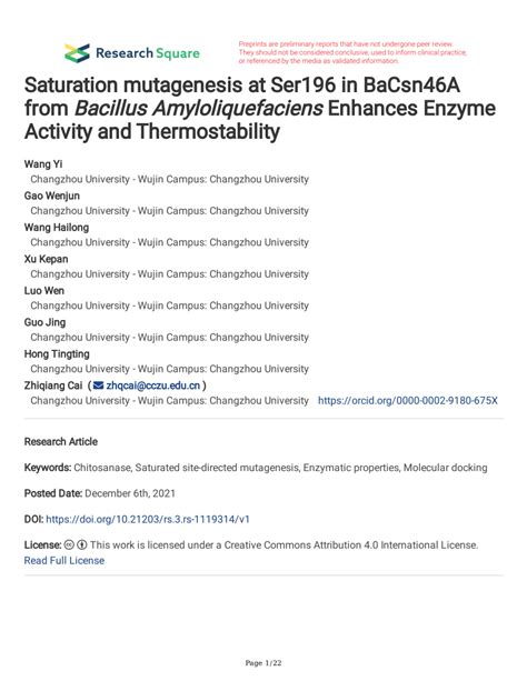 (PDF) Saturation mutagenesis at Ser196 in BaCsn46A from Bacillus Amyloliquefaciens Enhances ...