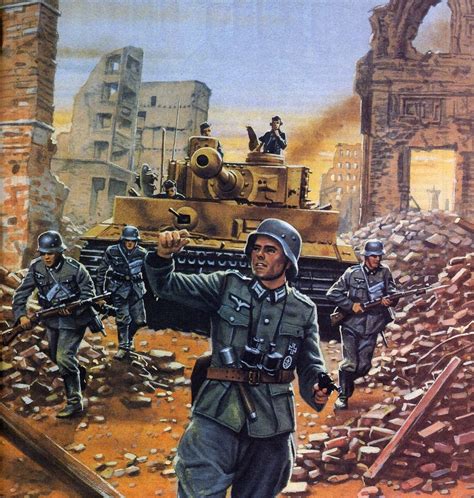 German troops advance with Tiger I tank. Military Drawings, Military Artwork, German Soldiers ...