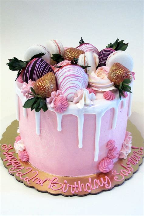 Pink Drip Cake with Chocolate Covered Strawberries by Creative Cakes Bakery in Tinley Park and ...