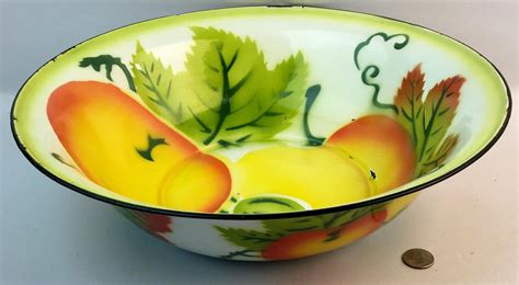 Lot - Vintage 1950's Enamelware Large Painted Bowl w/ Colorful Fruit Design