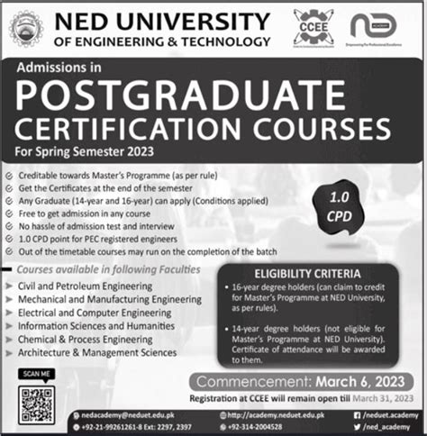 NED University of Engineering & Technology PG Certificate Course Admissions 2023 2024 Government ...